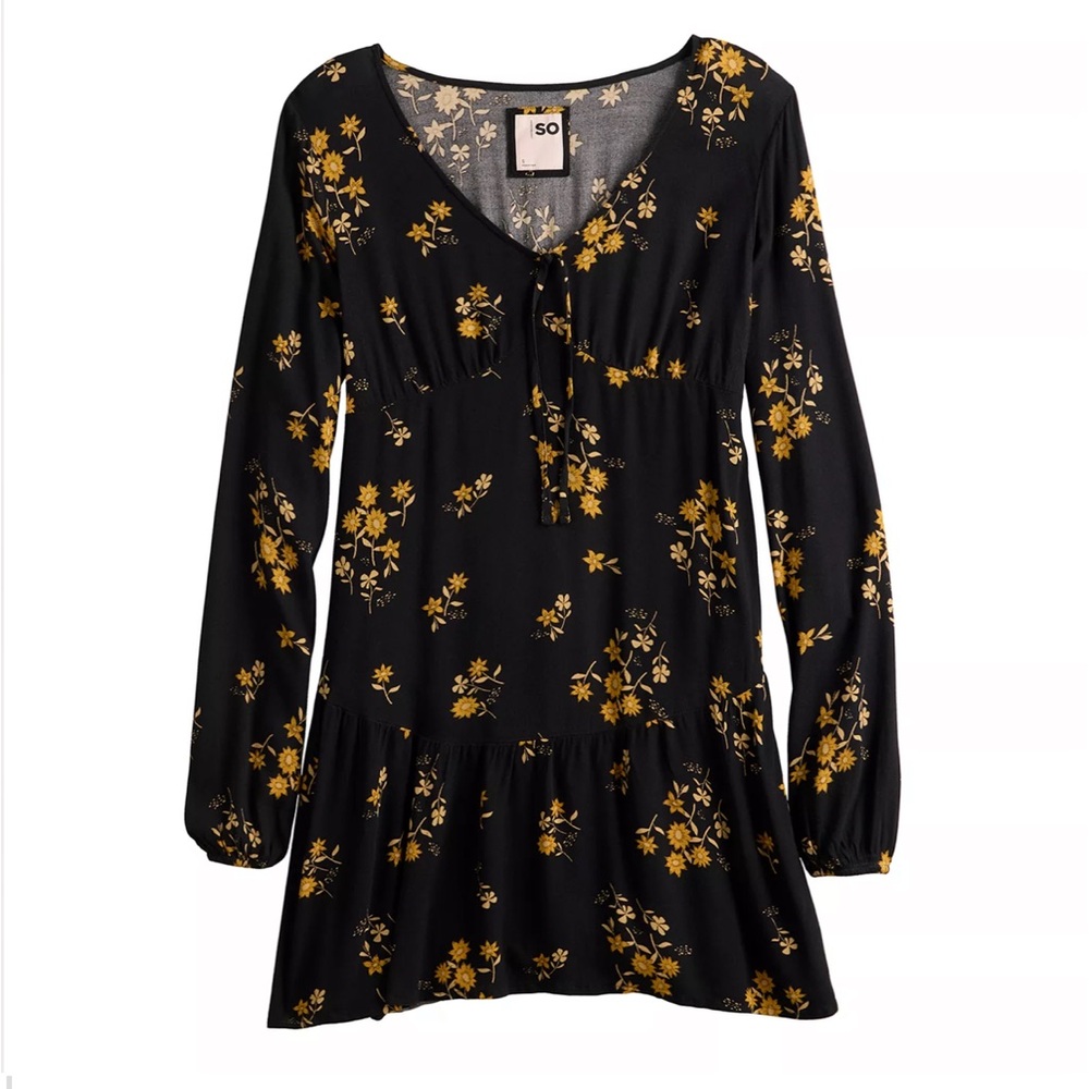 SO Tie Front Floral Black Yellow Orange Long Sleeve Ruffle Summer Rayon Dress L